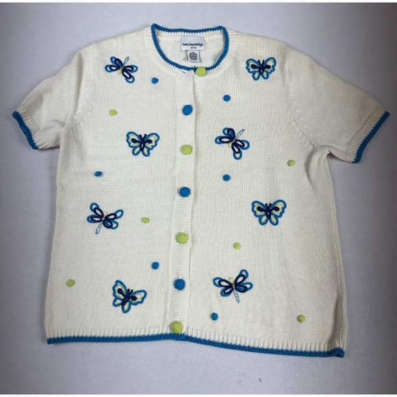 vtg Cardigan Sweater Embroidered Butterfly Short Sleeve Grandma Cottagecore - Picture 2 of 9